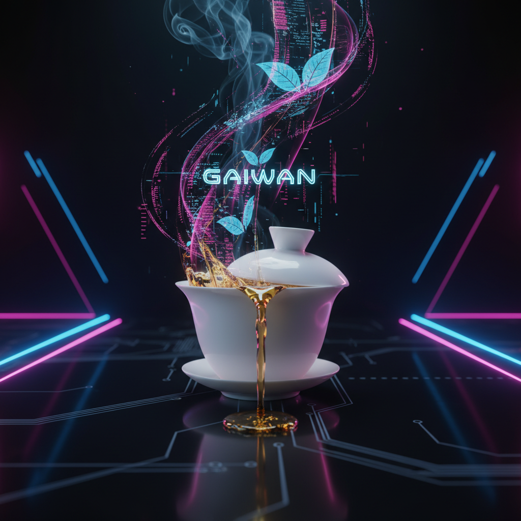 一個未來科技感的白瓷蓋碗，正在倒出金黃色的茶湯，旁邊有發光的數據線條，象徵著對茶葉風味的解析。