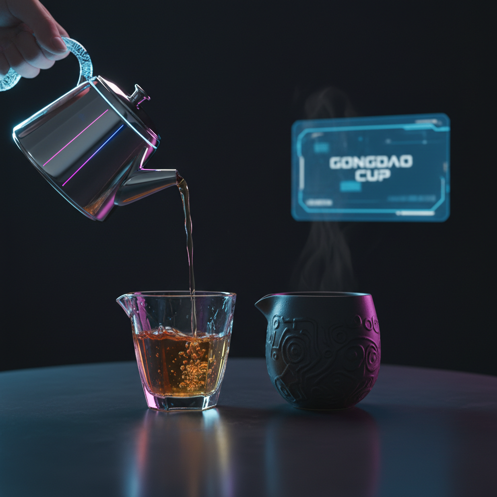 一個充滿科技感的現代茶席，展示著玻璃與陶瓷公道杯，象徵著品茶的儀式感與選擇。