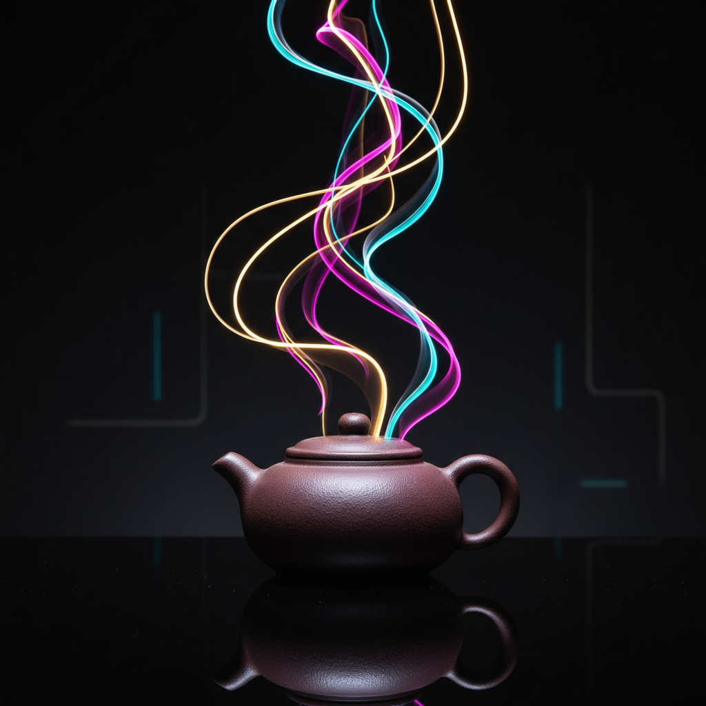 一把深褐色的紫砂壺靜置在簡潔的桌面上，壺身散發出賽博龐克風格的霓虹光暈，象徵著茶香的釋放與聚集，展現了傳統茶具與現代科技感的融合。