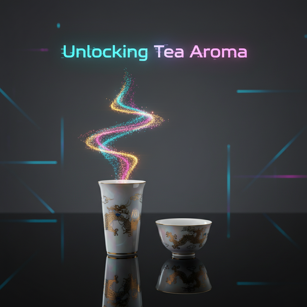 一組充滿科技感的聞香杯與品茗杯，聞香杯中散發出絢麗的霓虹光芒，象徵被解鎖的茶葉香氣。